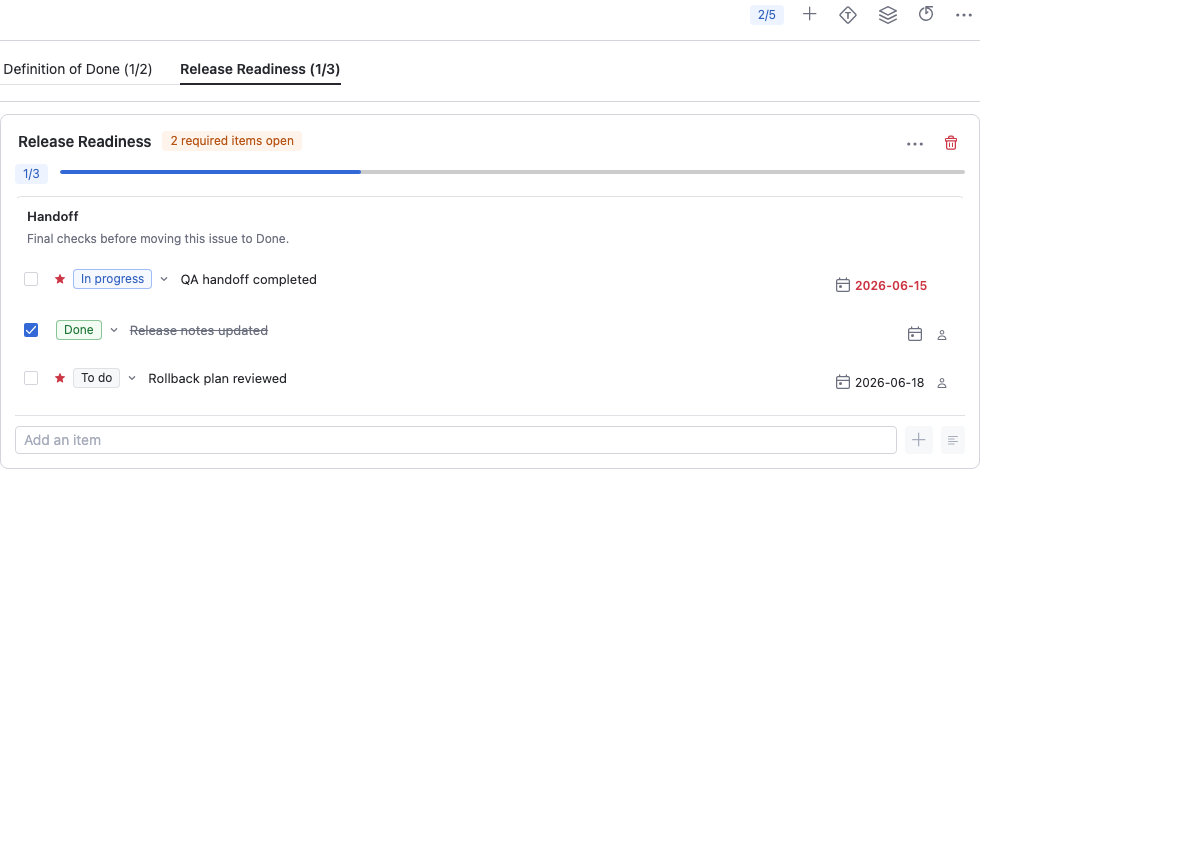 Checklists article panel with release readiness checklist