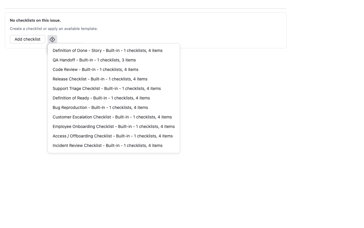 Checklists template picker with built-in templates and checklist previews