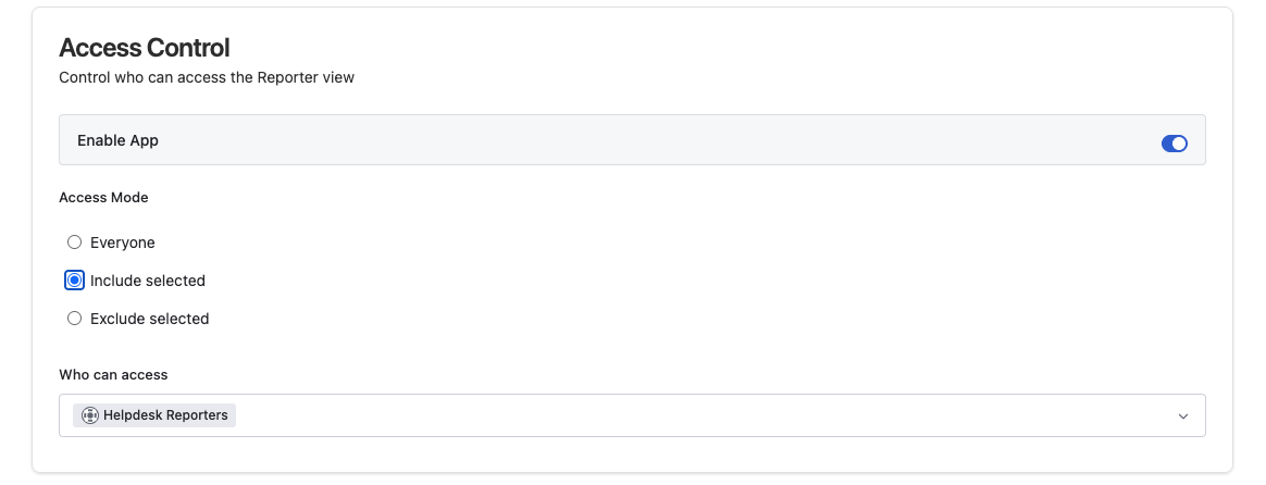Access control configuration panel with Include mode and selected all users of reporter type