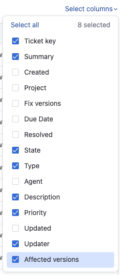 Column selector dropdown menu
