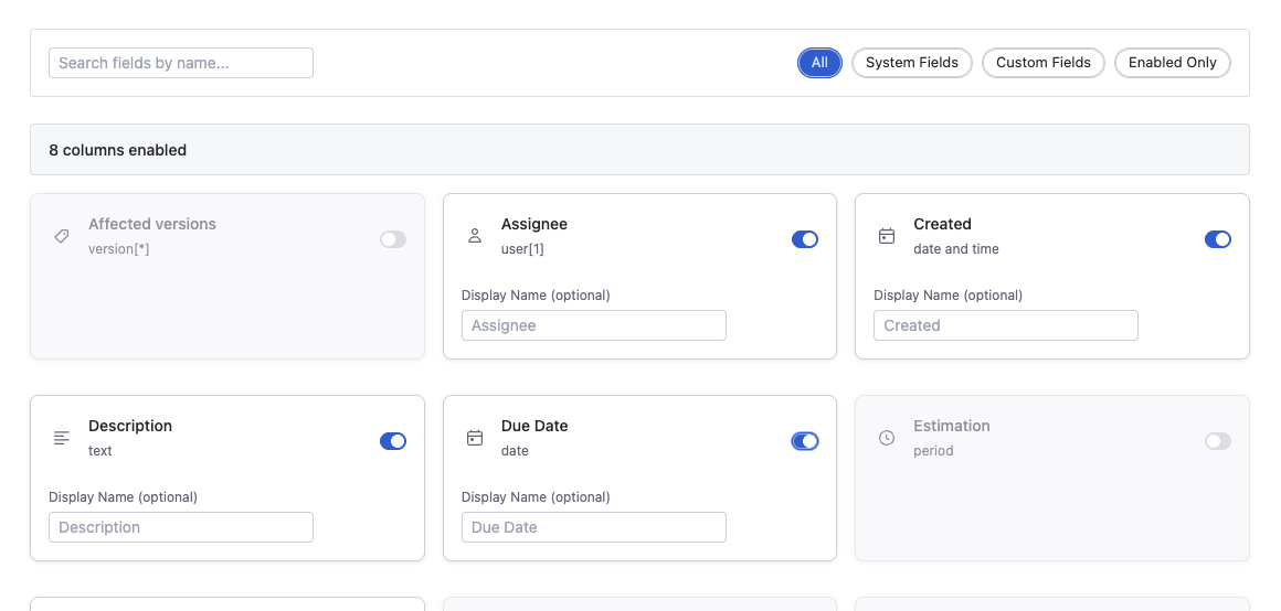 Field configuration panel showing enabled and disabled fields with custom display names