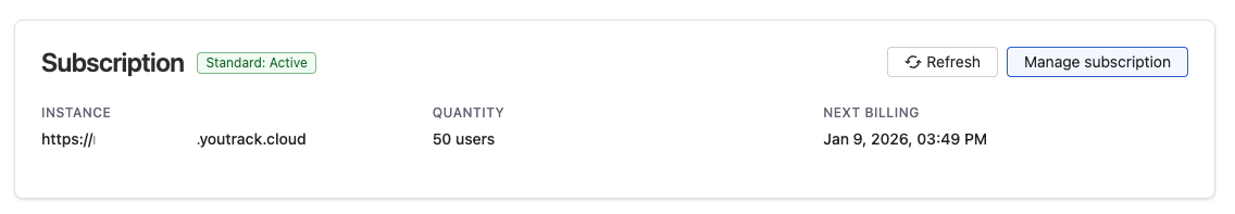 Subscription management panel showing active subscription status