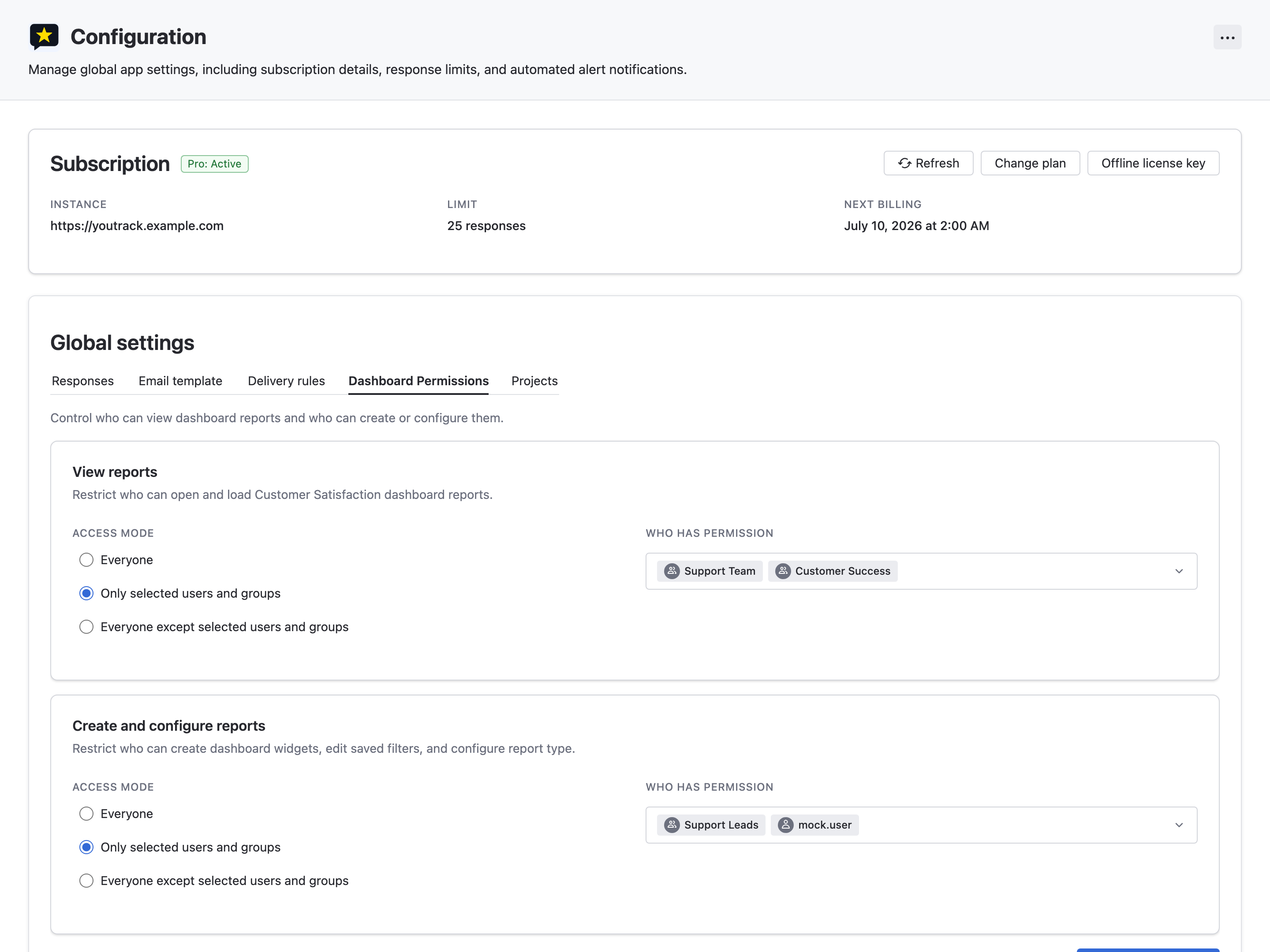 CSAT dashboard permissions settings with separate view and create permissions