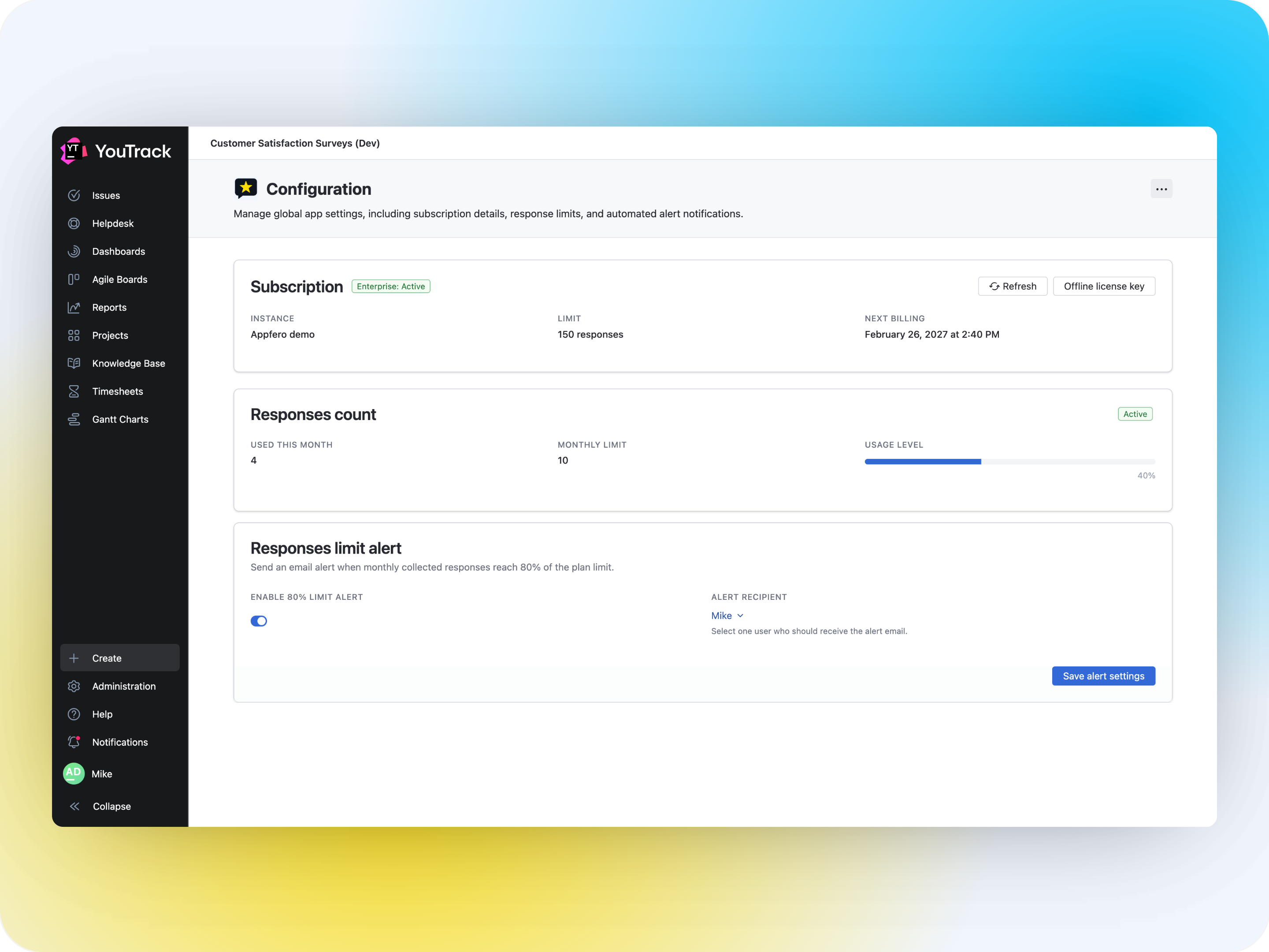 CSAT admin panel with subscription, response usage, and usage alert settings