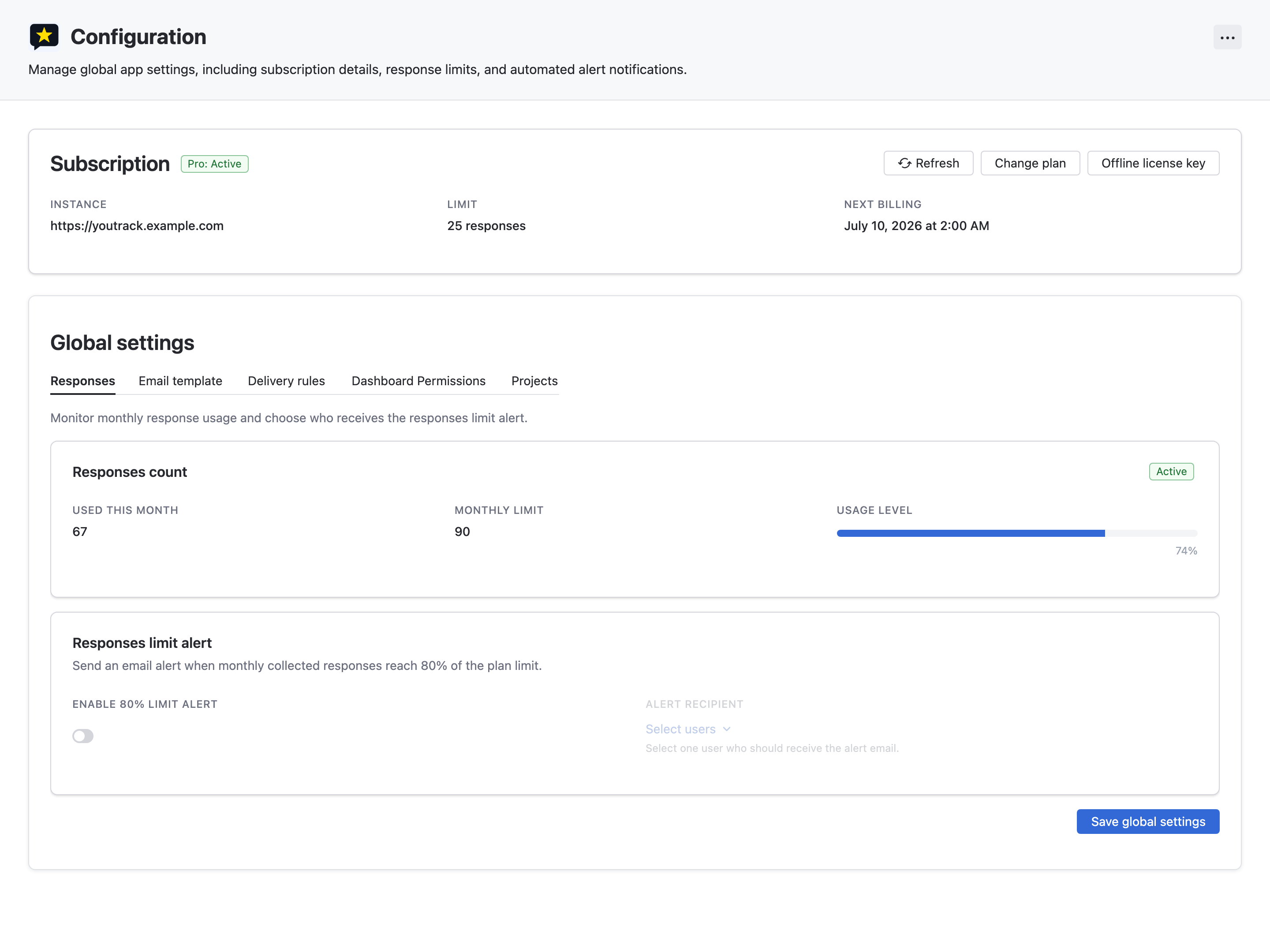 CSAT subscription management panel showing active subscription status