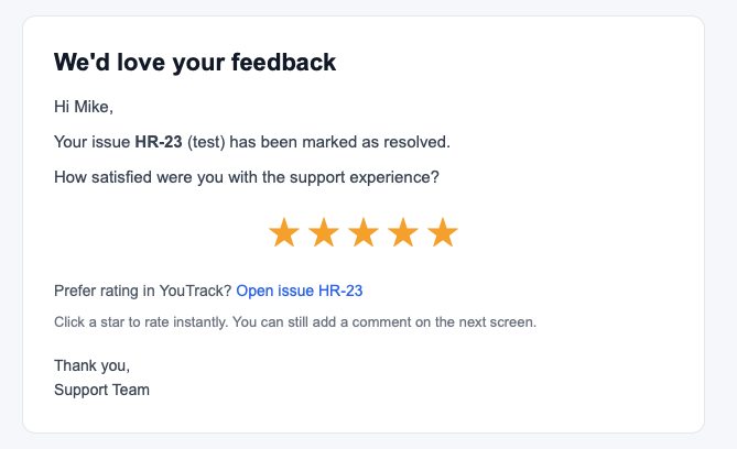 CSAT email notification preview with rating section and issue link