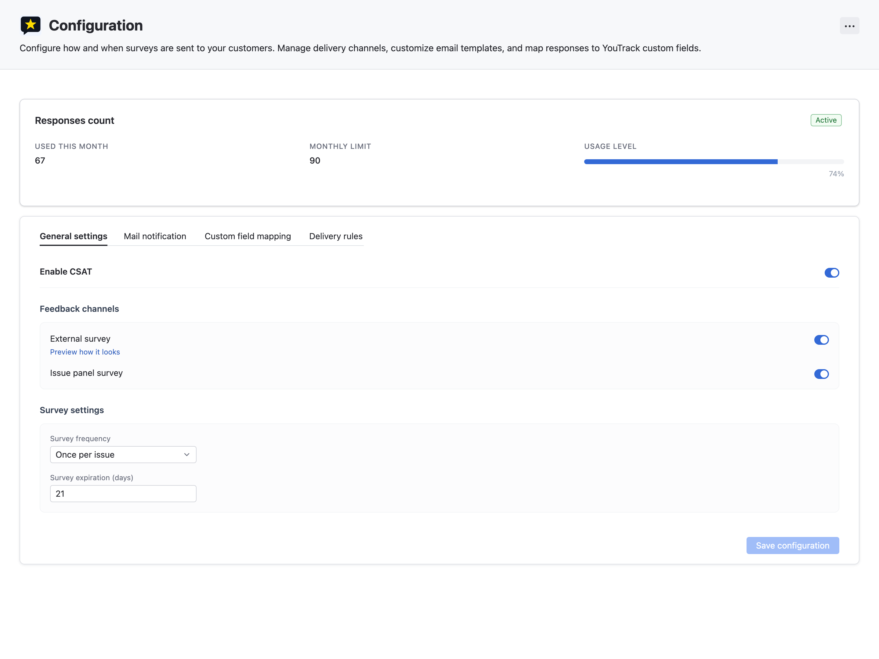 CSAT project settings widget with General tab active