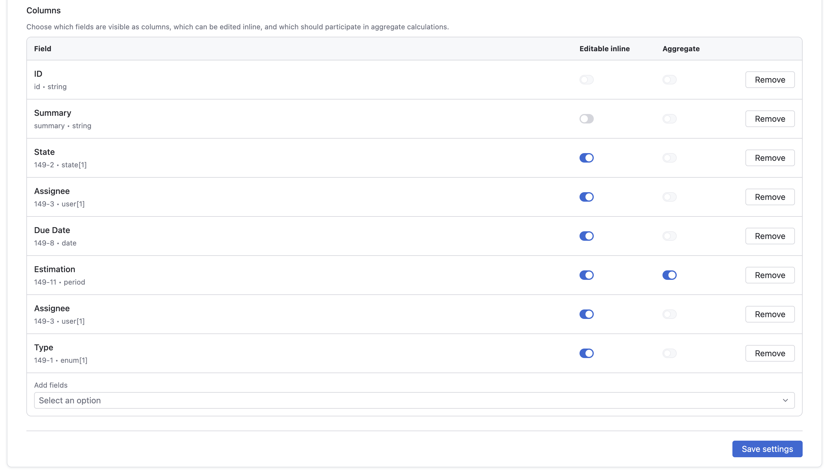 Linked Issues Pro administration screen with global linked issue defaults and column management