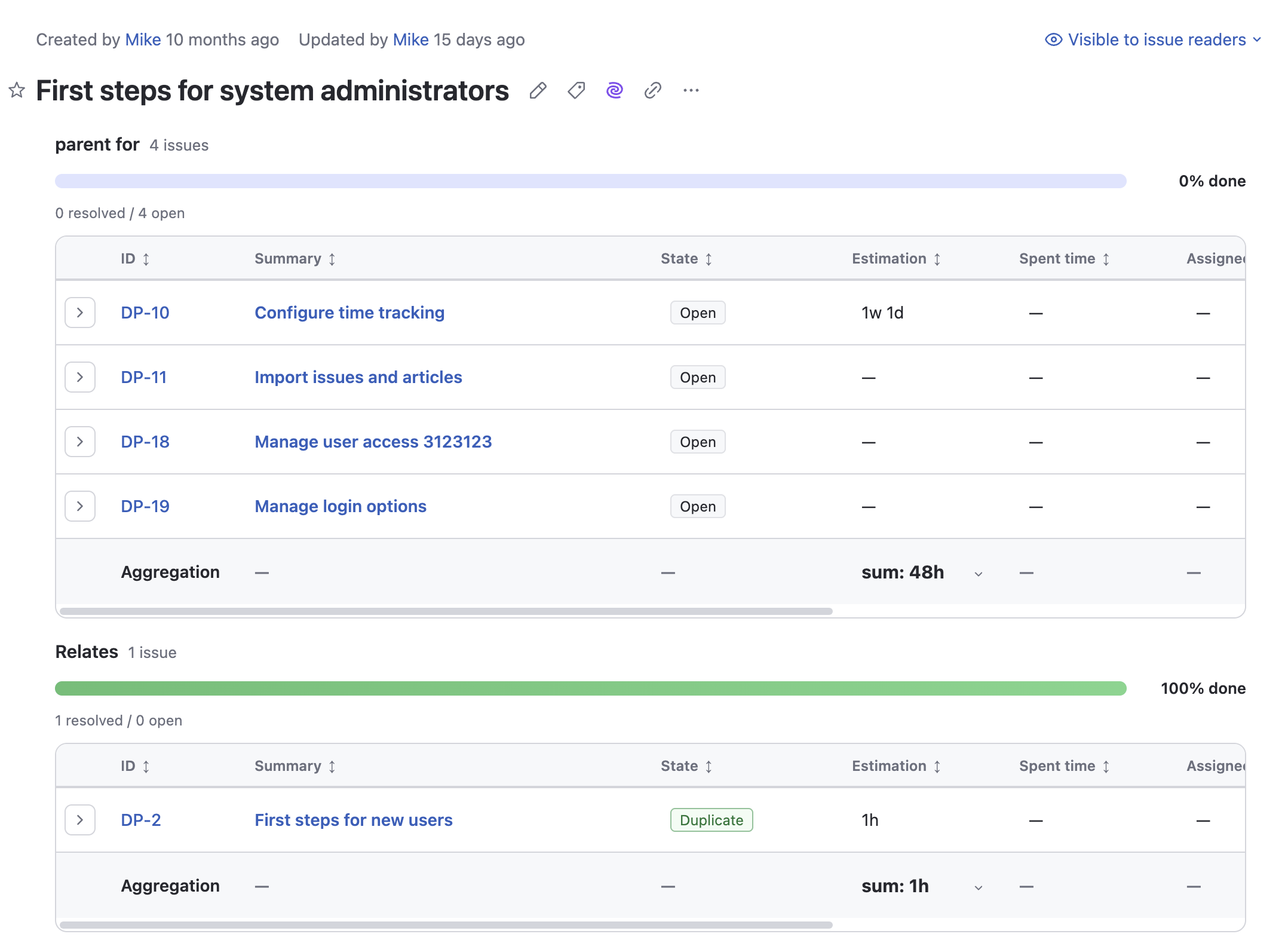Linked Issues Pro issue panel with nested links, visible preferences, and aggregate row