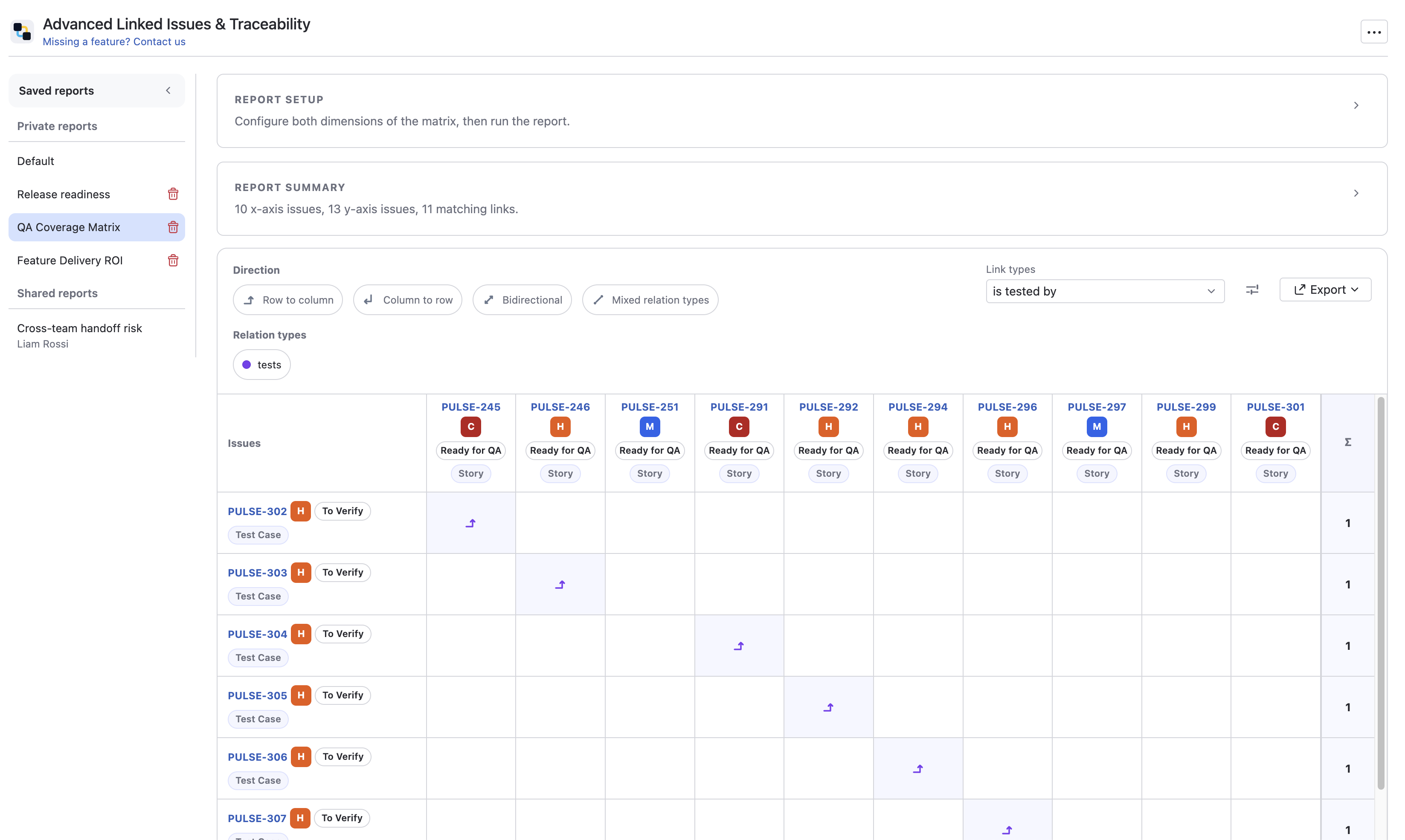 Traceability reports screen with saved reports, setup, and matrix result