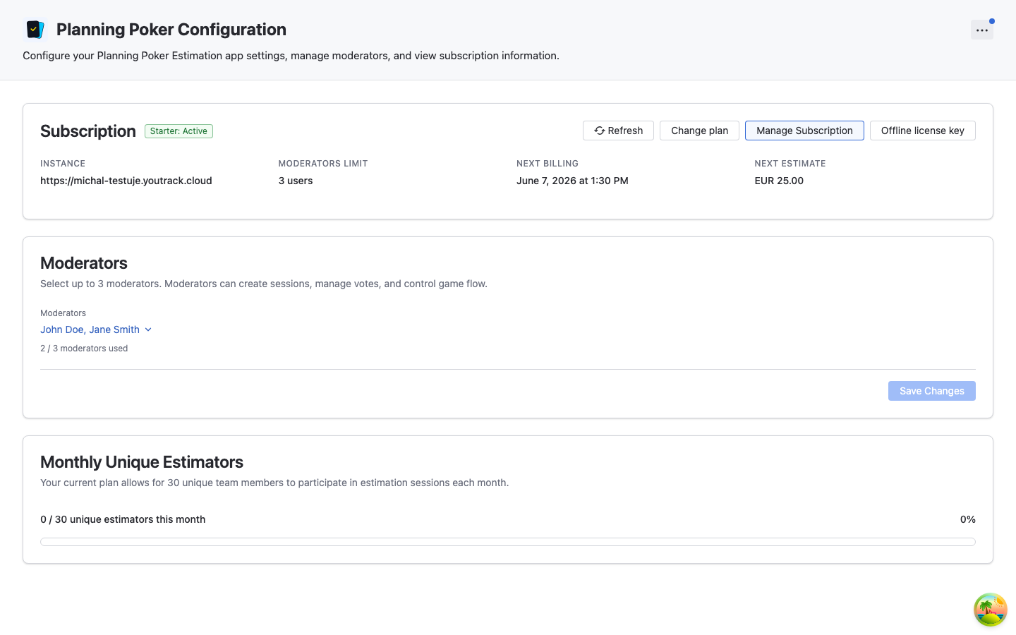 Planning Poker administration panel with subscription and usage details