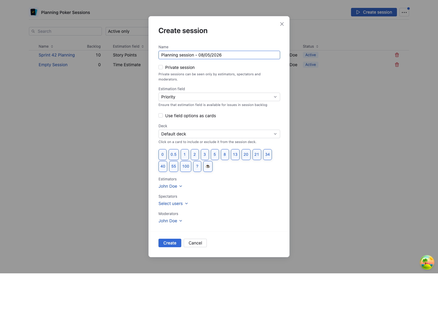 Planning Poker session creation form with session settings, deck, and participants