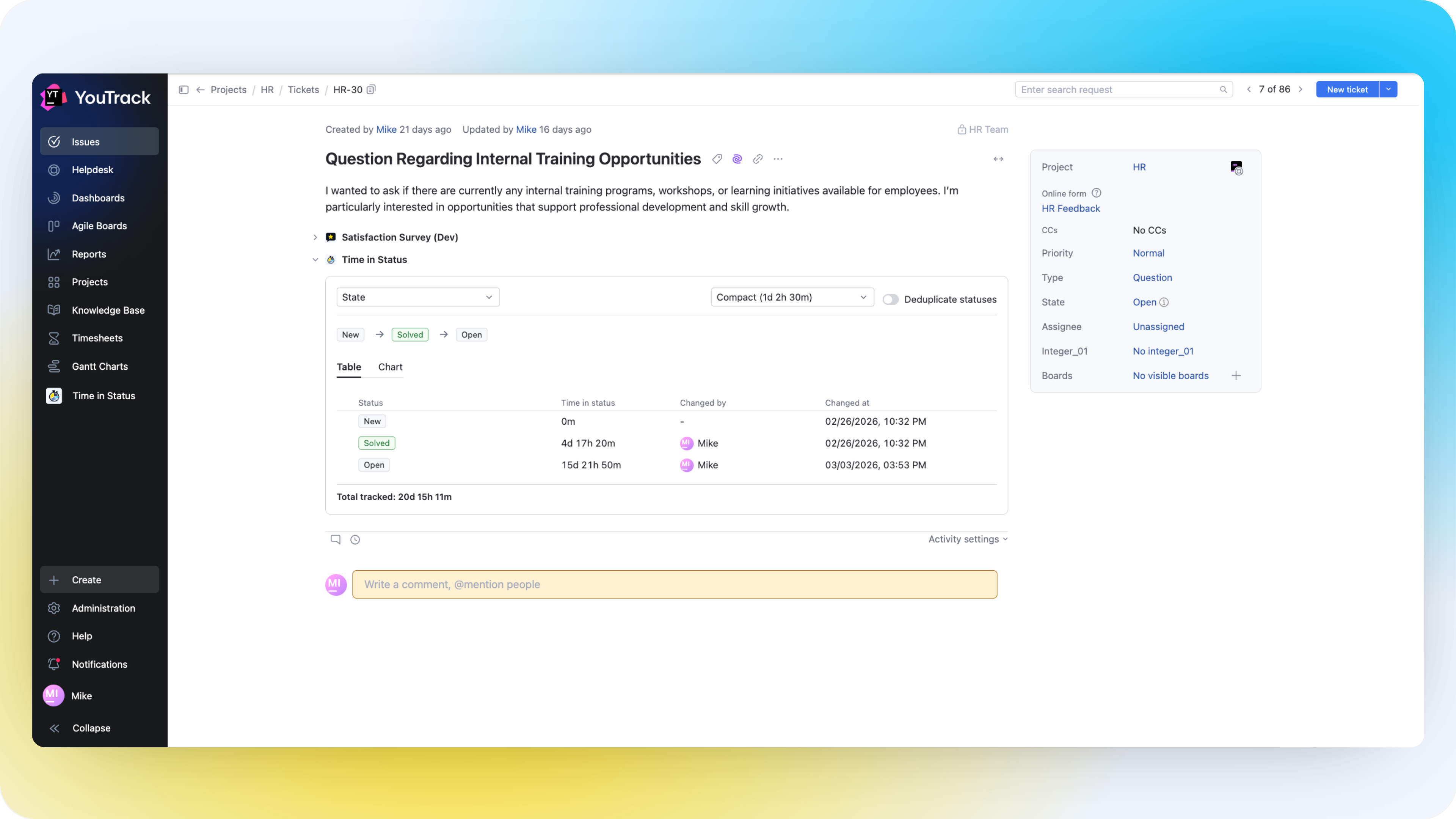 Time in Status issue panel with status flow and detailed duration table
